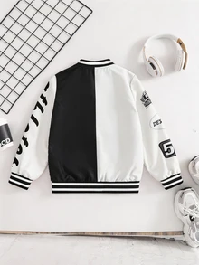 SHEIN Coolqubz 1件青少年男孩休閒街頭風拼色彩色印花夾克，適合街頭穿搭 - 黑與白 - 查看 2