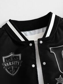 SHEIN Coolqubz 1件青少年男孩休閒街頭風拼色彩色印花夾克，適合街頭穿搭 - 黑與白 - 查看 6