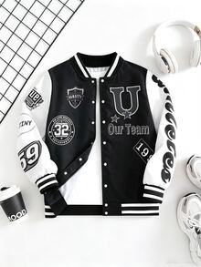 SHEIN Coolqubz 1件青少年男孩休閒街頭風拼色彩色印花夾克，適合街頭穿搭 - 黑與白 - 查看 1