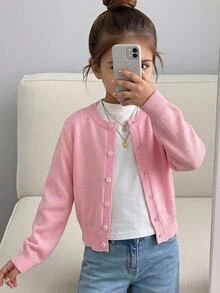 SHEIN Vintaside Kids 女童純色長袖單排扣休閒針織開襟衫 - 灰色 - 查看 10