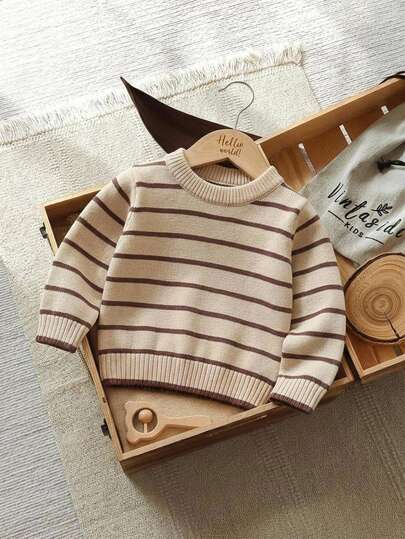 SHEIN Vintaside Kids Sweater Rajut Pullover Dua Warna Bergaris Leher Bulat untuk Bayi Laki-laki, Warna Krem, Nyaman, Minimalis, Lembut, Estetika 2016, Sporty, Imut, Cocok untuk Musim Gugur