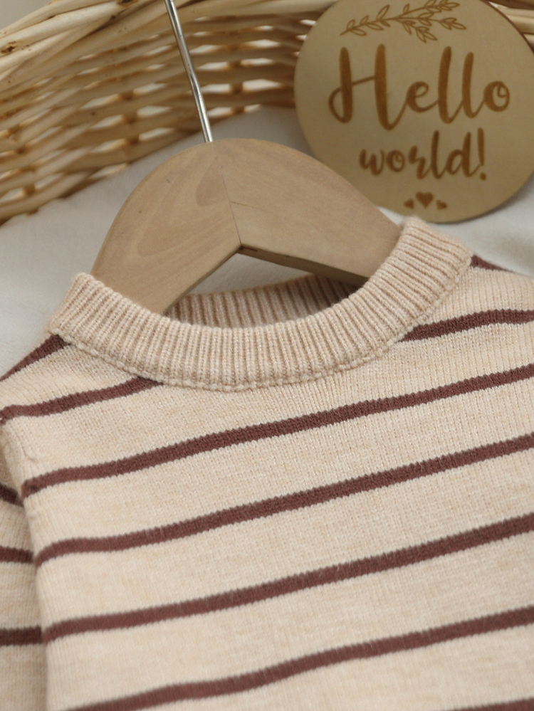 SHEIN Vintaside Kids Baby Boys Round Neck Striped Two-Tone Pullover Knit Sweater, Beige, Comfortable Minimalist Soft Form 2016 Aesthetic Sporty Cute, Suitable For Autumn - Multicolor - View 7