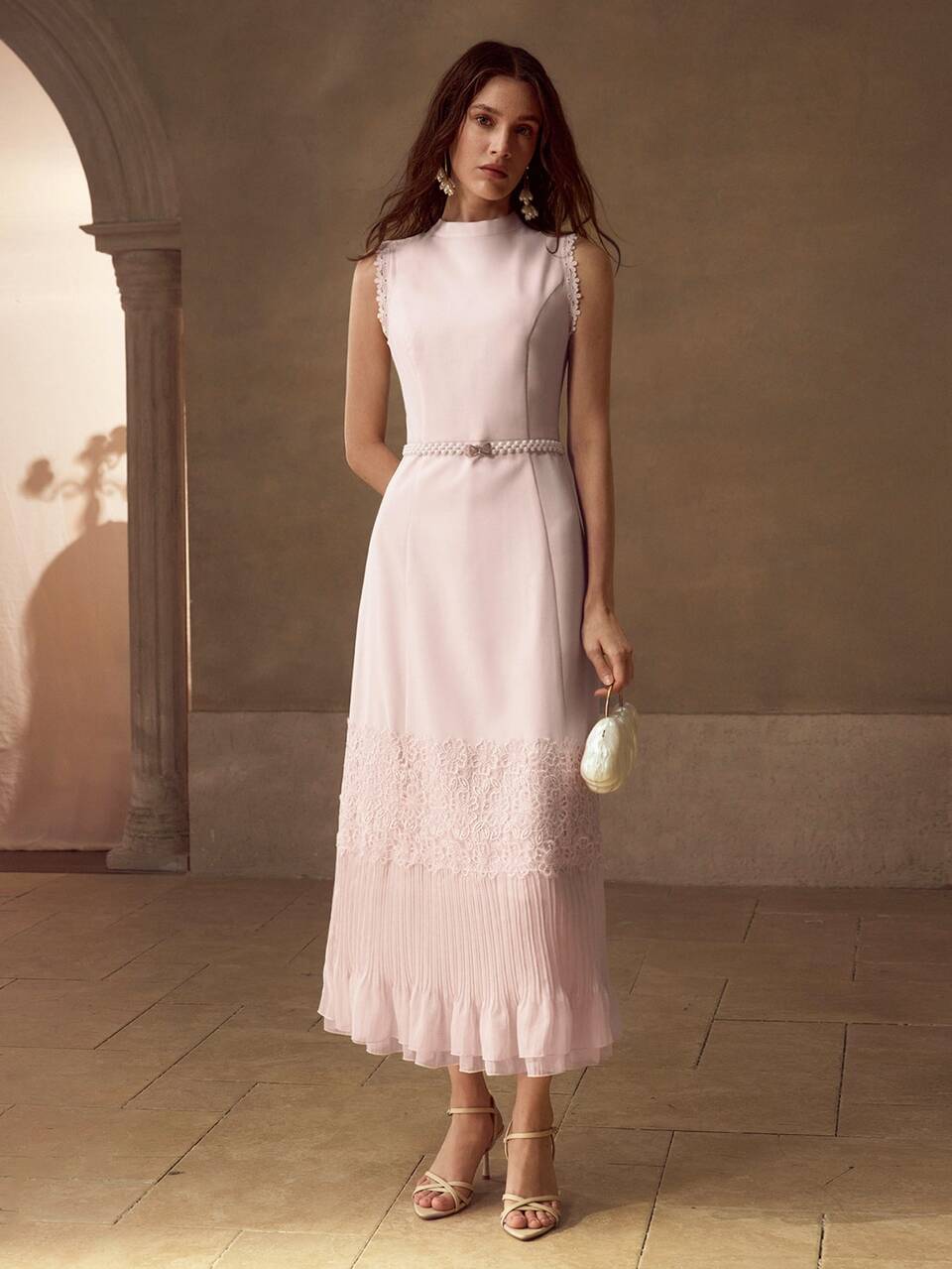 MOTF SOLID LACE PANEL PLISSE LAYERED HEM SLEEVELESS LONG DRESS