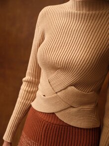 MOTF PREMIUM WOMEN'S AUTUMN/WINTER MINIMALIST VERSATILE SOLID COLOR FUNNEL NECK TWISTED DESIGN SLIM FIT SWEATER - Apricot - View 2