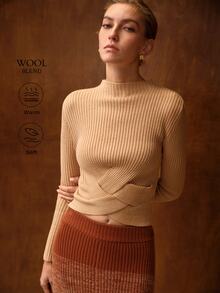 MOTF PREMIUM WOMEN'S AUTUMN/WINTER MINIMALIST VERSATILE SOLID COLOR FUNNEL NECK TWISTED DESIGN SLIM FIT SWEATER - Apricot - View 6