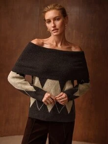 MOTF PREMIUM WOMEN'S GEOMETRIC PLAID PATTERN KNIT PULLOVER SWEATER, FASHIONABLE & ELEGANT, VINTAGE PREPPY STYLE, SOFT & COMFORTABLE, LOOSE FIT, SUITABLE FOR AUTUMN/WINTER DAILY COMMUTE & CASUAL WEAR - Khaki - View 5