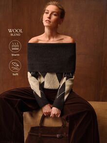 MOTF PREMIUM WOMEN'S GEOMETRIC PLAID PATTERN KNIT PULLOVER SWEATER, FASHIONABLE & ELEGANT, VINTAGE PREPPY STYLE, SOFT & COMFORTABLE, LOOSE FIT, SUITABLE FOR AUTUMN/WINTER DAILY COMMUTE & CASUAL WEAR - Khaki - View 2