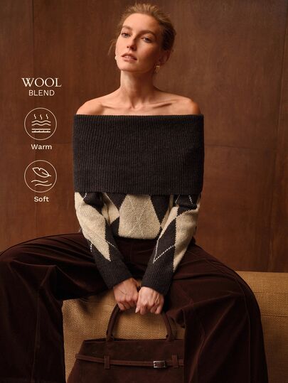 MOTF PREMIUM WOMEN'S GEOMETRIC PLAID PATTERN KNIT PULLOVER SWEATER, FASHIONABLE & ELEGANT, VINTAGE PREPPY STYLE, SOFT & COMFORTABLE, LOOSE FIT, SUITABLE FOR AUTUMN/WINTER DAILY COMMUTE & CASUAL WEAR