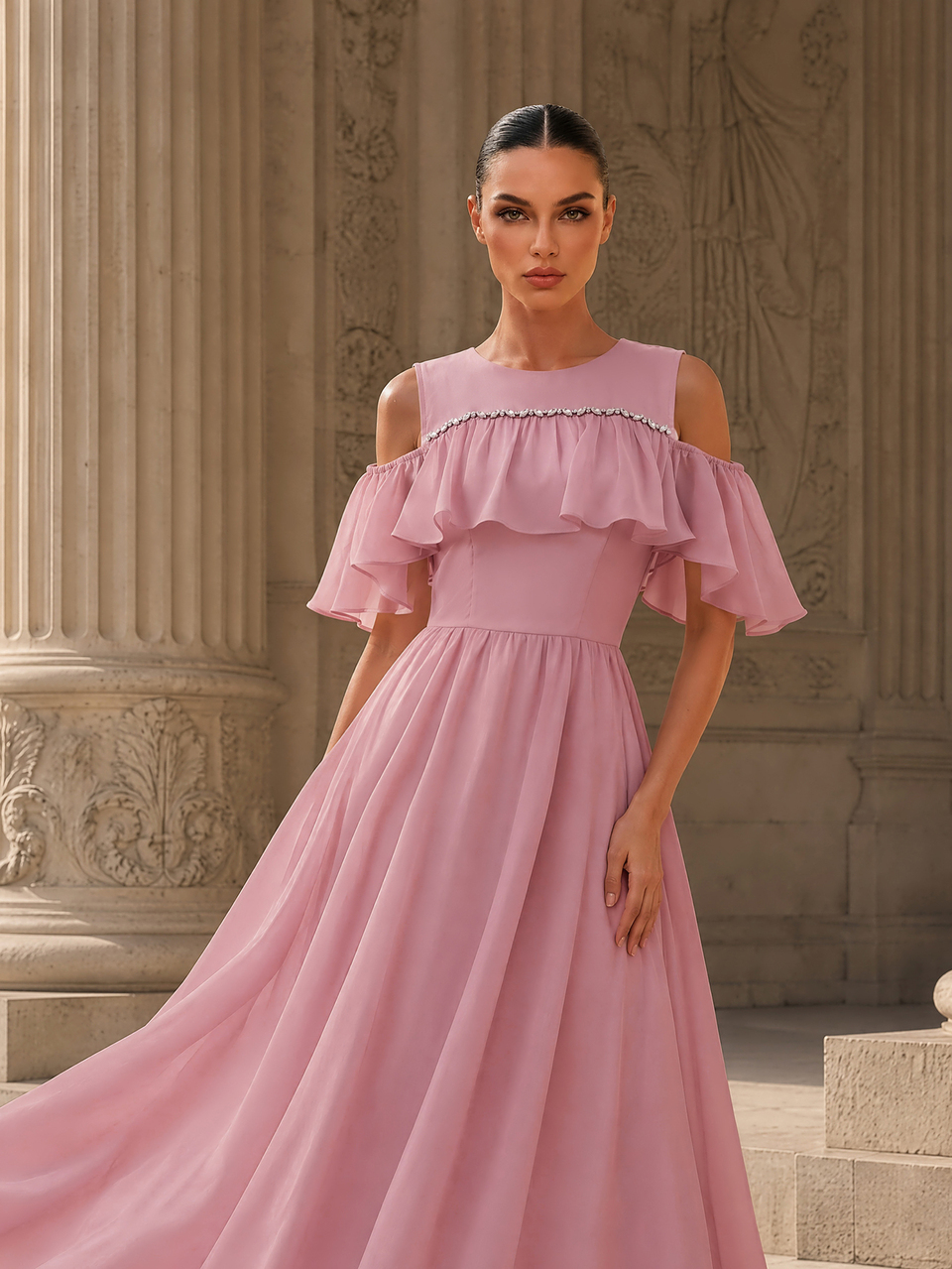 MOTF WOMEN'S SOLID COLOR COLD SHOULDER RHINESTONE STRIPED DECOR WAIST-DEFINING ELEGANT ROMANTIC FLARED LONG DRESS HOLIDAY PARTY PINK SUMMER