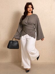 Elaquor Blouse pour femmes grande taille, couleur unie, plissée, décontractée, élégante, polyvalente, pour tous les jours, formelle, bureau, gris, automne