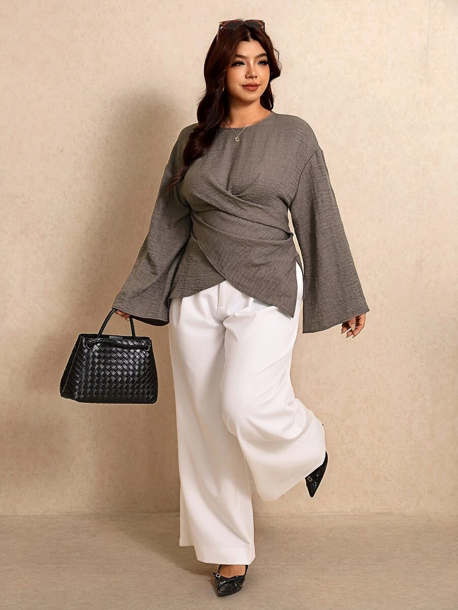 Elaquor Plus Size Women's Solid Color Pleated Casual Elegant Versatile Everyday Blouse Formal Office Gray Autumn Fall