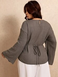 Elaquor Plus Size Women's Solid Color Pleated Casual Elegant Versatile Everyday Blouse Formal Office Gray Autumn Fall - Coffee Brown - View 3