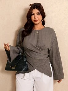 Elaquor Plus Size Women's Solid Color Pleated Casual Elegant Versatile Everyday Blouse Formal Office Gray Autumn Fall - Coffee Brown - View 5