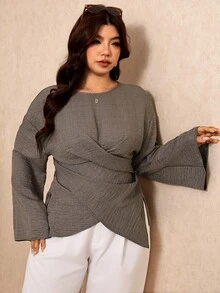 Elaquor Plus Size Women's Solid Color Pleated Casual Elegant Versatile Everyday Blouse Formal Office Gray Autumn Fall - Coffee Brown - View 7