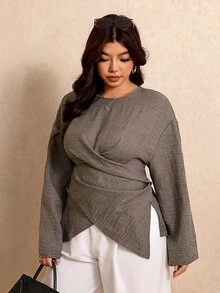 Elaquor Plus Size Women's Solid Color Pleated Casual Elegant Versatile Everyday Blouse Formal Office Gray Autumn Fall - Coffee Brown - View 6