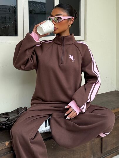 Muchica Women's Brown Half Zip Sweatshirt & Wide Leg Pants Set With Pink Contrast Stripes Casual Y2K Sportswear Tracksuit Chic Lounge And Going Out Outfit