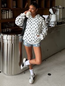 Muchica 女款波點圖案刺繡連帽衛衣 黑白休閒款 適合夏季秋季冬季 度假 Y2K 基本款 運動可愛 派對外出運動衫 - 彩色 - 查看 6