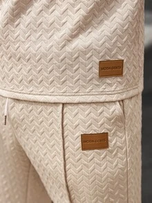 Manfinity CasualCool 男士米色休閒度假針織兩件套，短袖拉鍊 Polo 衫與長褲設計，易於搭配 - 卡其色 - 查看 8
