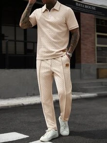 Manfinity CasualCool 男士米色休閒度假針織兩件套，短袖拉鍊 Polo 衫與長褲設計，易於搭配 - 卡其色 - 查看 7