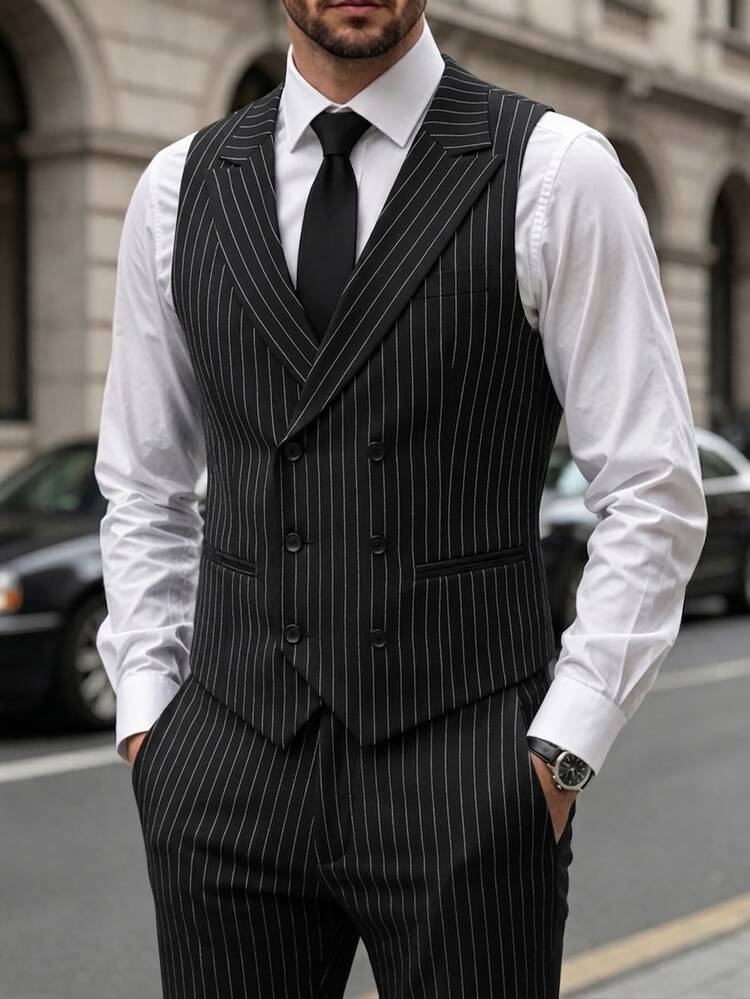 Manfinity Mode Men 1pc Vertical Striped Waistcoat & 1pc Suit Pants - Black - View 7