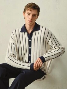 Manfinity Homme Men's Polo Collar Lazy Long Sleeve Cardigan, Casual Knitted Autumn/Winter Open Front Sweater, Blue & White Striped Contrast Color Husband Gift - Multicolor - View 3