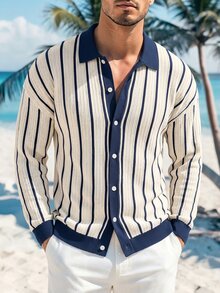 Manfinity Homme Men's Polo Collar Lazy Long Sleeve Cardigan, Casual Knitted Autumn/Winter Open Front Sweater, Blue & White Striped Contrast Color Husband Gift - Multicolor - View 1
