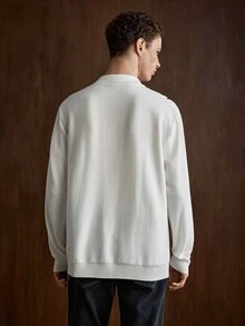 Manfinity Homme 男士休閒長袖半拉鍊 Polo 毛衣，直條紋春秋冬季套頭衫，黑白對比色寬鬆版型上衣，簡約商務通勤顯瘦直條紋長袖襯衫 - 白色 - 查看 6
