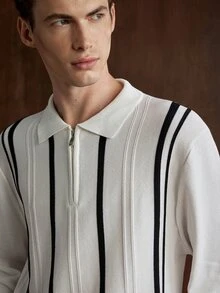 Manfinity Homme 男士休閒長袖半拉鍊 Polo 毛衣，直條紋春秋冬季套頭衫，黑白對比色寬鬆版型上衣，簡約商務通勤顯瘦直條紋長袖襯衫 - 白色 - 查看 8