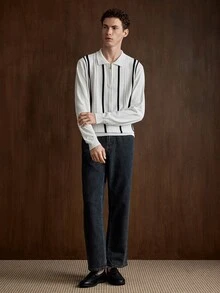 Manfinity Homme 男士休閒長袖半拉鍊 Polo 毛衣，直條紋春秋冬季套頭衫，黑白對比色寬鬆版型上衣，簡約商務通勤顯瘦直條紋長袖襯衫 - 白色 - 查看 2