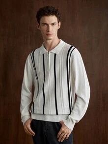 Manfinity Homme 男士休閒長袖半拉鍊 Polo 毛衣，直條紋春秋冬季套頭衫，黑白對比色寬鬆版型上衣，簡約商務通勤顯瘦直條紋長袖襯衫 - 白色 - 查看 3