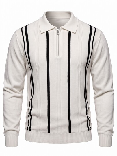 Manfinity Homme Suéter polo de manga larga con media cremallera casual para hombre, jersey de rayas verticales para primavera/otoño/invierno, top de ajuste holgado con contraste de color negro & blanco, camisa de manga larga con rayas verticales minimalista para negocios y desplazamientos con efecto estilizante