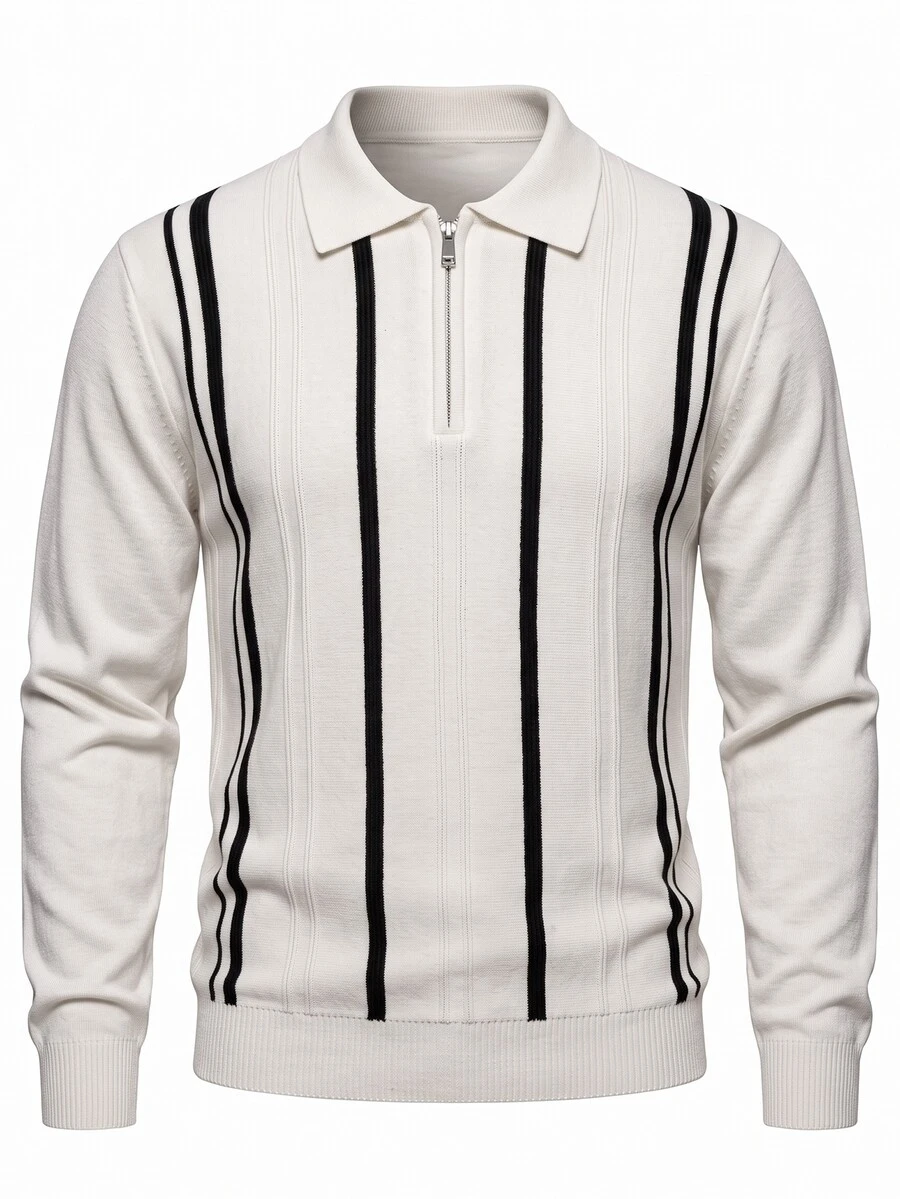Manfinity Homme 男士休閒長袖半拉鍊 Polo 毛衣,直條紋春秋冬季套頭衫,黑白對比色寬鬆版型上衣,簡約商務通勤顯瘦直條紋長袖襯衫 - 白色 - 查看 1