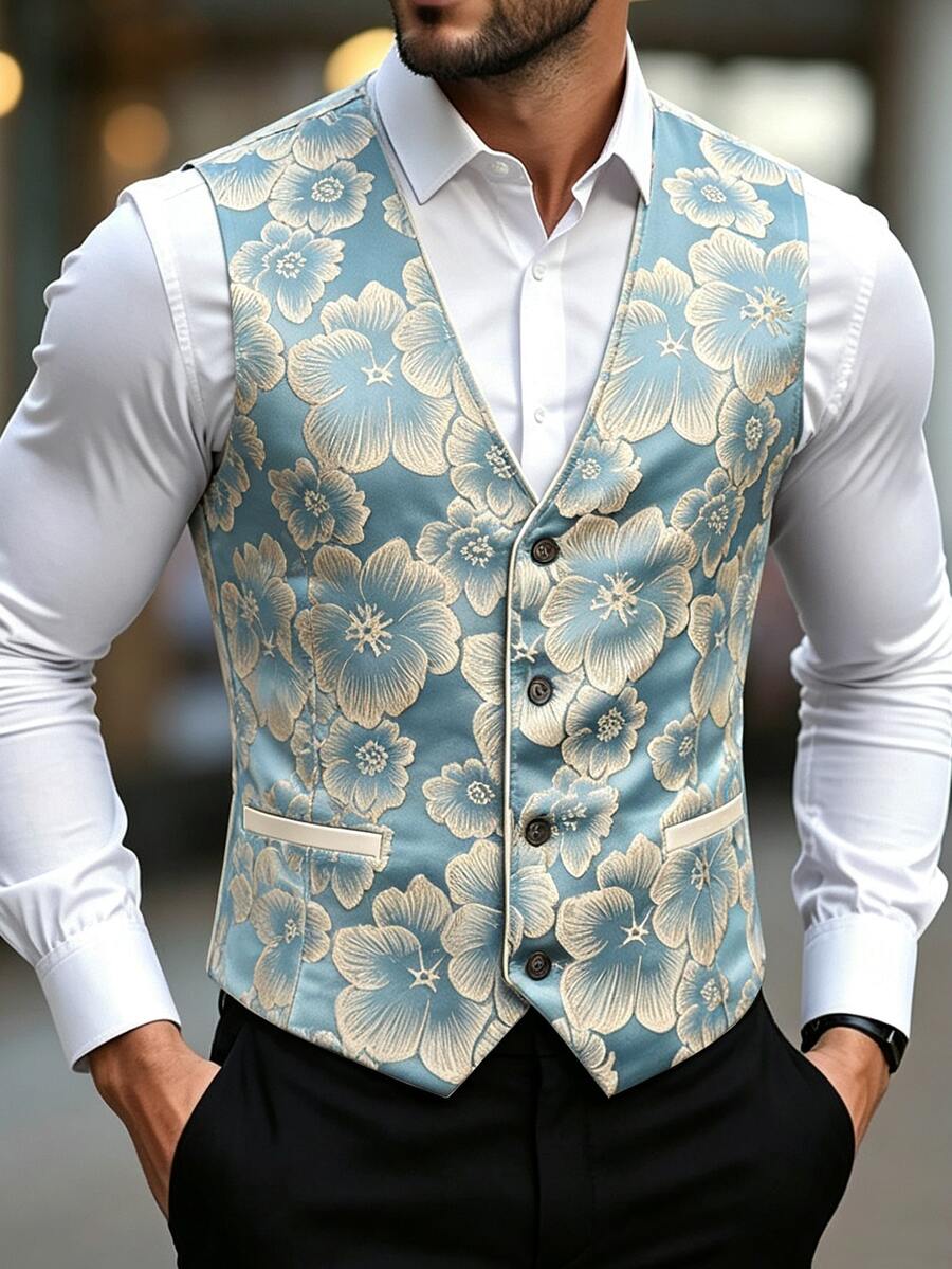 Calvornis 男士藍色提花單排扣修身商務西裝背心 - 藍色 - 查看 1