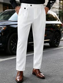 Manfinity Mode Men's White Solid Color Durable Business Commute Slim Straight Leg Dress Pants - White - View 4