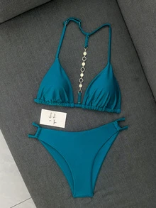 Swim Basics 女款純色掛脖露背短版上衣與低腰三角褲比基尼泳衣2件套，適合夏季海灘度假 - 水鴨藍 - 查看 4