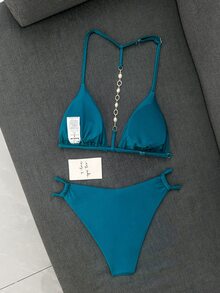Swim Basics 女款純色掛脖露背短版上衣與低腰三角褲比基尼泳衣2件套，適合夏季海灘度假 - 水鴨藍 - 查看 2