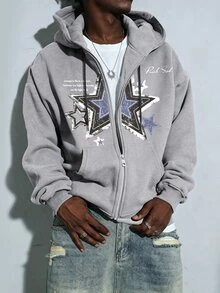 Manfinity EMRG Men's Star Print Drawstring Design Zip-Up Hooded Sweatshirt - Light Grey - View 1