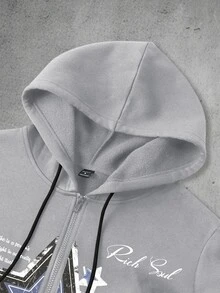 Manfinity EMRG Men's Star Print Drawstring Design Zip-Up Hooded Sweatshirt - Light Grey - View 4