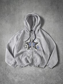 Manfinity EMRG Men's Star Print Drawstring Design Zip-Up Hooded Sweatshirt - Light Grey - View 2