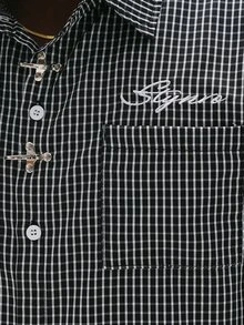 STYNVO 男士格紋休閒刺繡飛機扣短袖襯衫 - 黑色 - 查看 4
