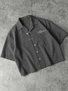 STYNVO 男士格紋休閒刺繡飛機扣短袖襯衫 - 黑色 - 查看 3