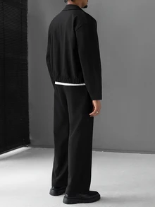 SLATEMANN Men's Minimalist Long Sleeve Shirt And Button Pocket Pants Set - Black - View 2