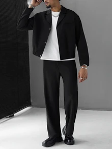 SLATEMANN Men's Minimalist Long Sleeve Shirt And Button Pocket Pants Set - Black - View 1