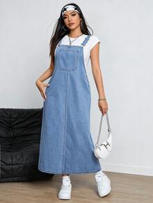 Rivivi Y2K Women's Fashion Pocket Loose Denim Dress - Blue - View 4