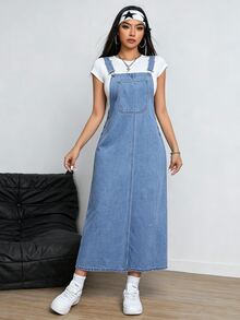 Rivivi Y2K Women's Fashion Pocket Loose Denim Dress - Blue - View 1