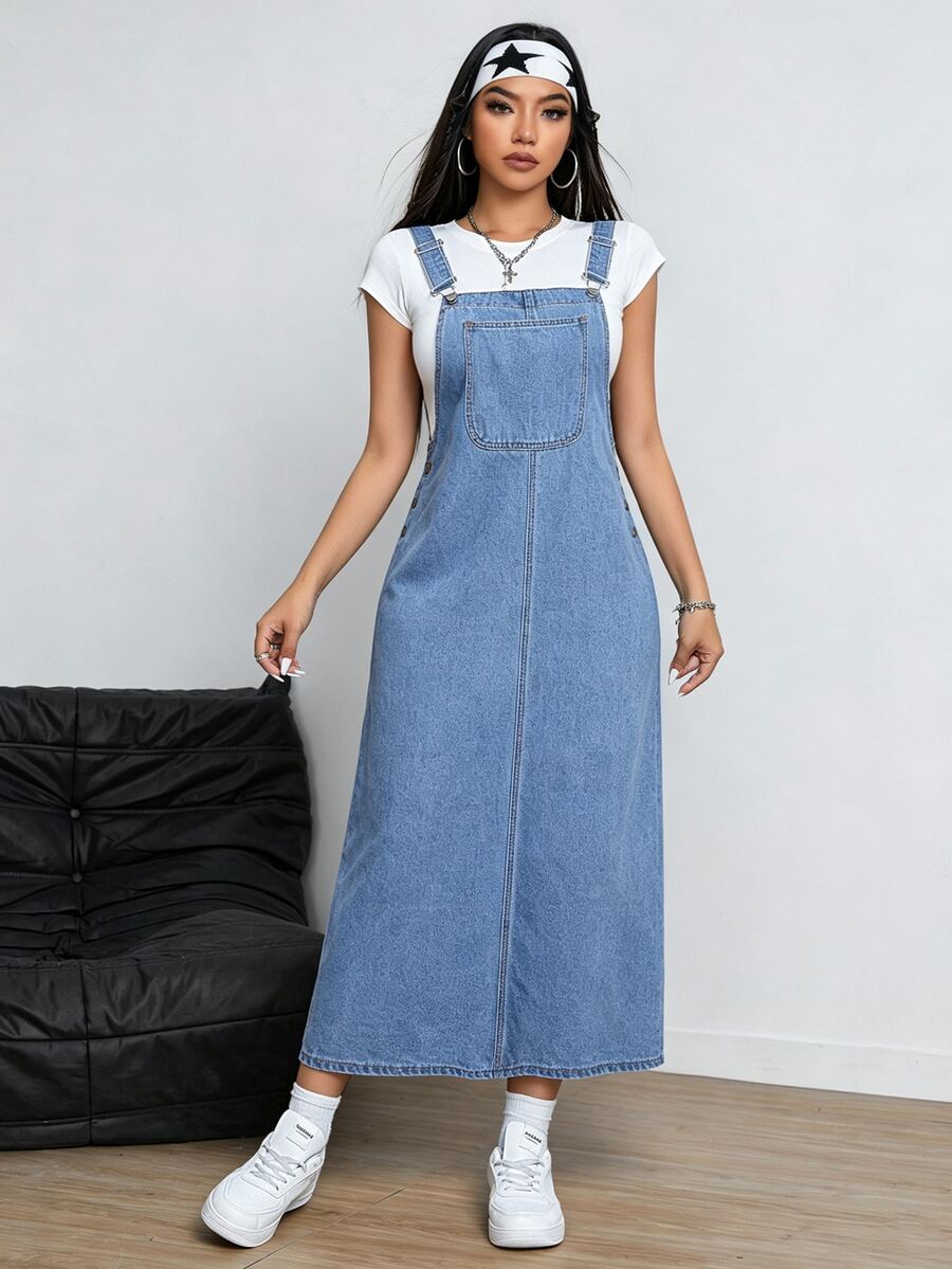 Rivivi Y2K Women's Fashion Pocket Loose Denim Dress - Blue - View 1