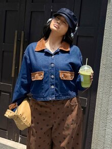 Rivivi Plus Size Women's Autumn/Winter Colorblock Patchwork Corduroy Denim Jacket - Dark Wash - View 5