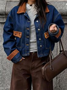 Rivivi Plus Size Women's Autumn/Winter Colorblock Patchwork Corduroy Denim Jacket - Dark Wash - View 3