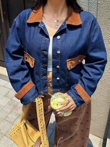Rivivi Plus Size Women's Autumn/Winter Colorblock Patchwork Corduroy Denim Jacket - Dark Wash - View 7