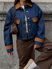 Rivivi Plus Size Women's Autumn/Winter Colorblock Patchwork Corduroy Denim Jacket - Dark Wash - View 1
